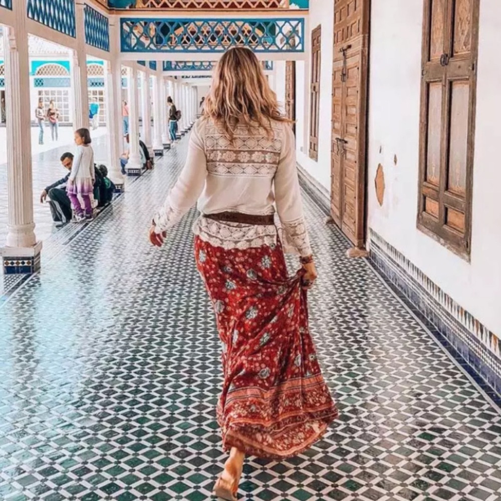Red Floral Gypsy Bohemian Button Up Long Skirt - Picture 8 of 14